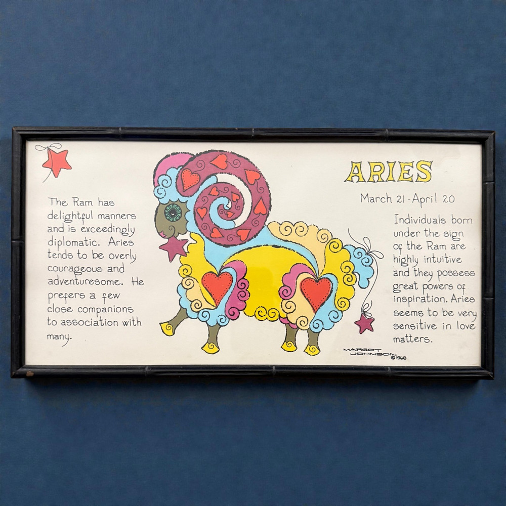 Framed Margot Johnson Zodiac ARIES Print Vintage 1968 Groovy Pop Art MCM 9 x 17